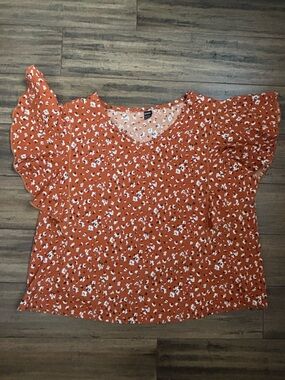 SHEIN Rust Orange Floral Ruffle Sleeve Blouse